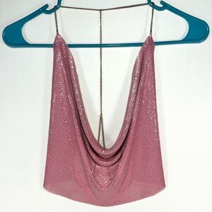 Womens Mesh Chainmail Halter Tank Top Pink Open Back Plunge One Size Party/Club